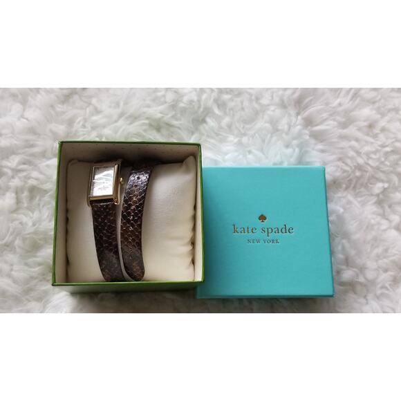 Kate Spade Women brown Leather double Wrap Band Watch gold dial rectangle NEW - Picture 4 of 12